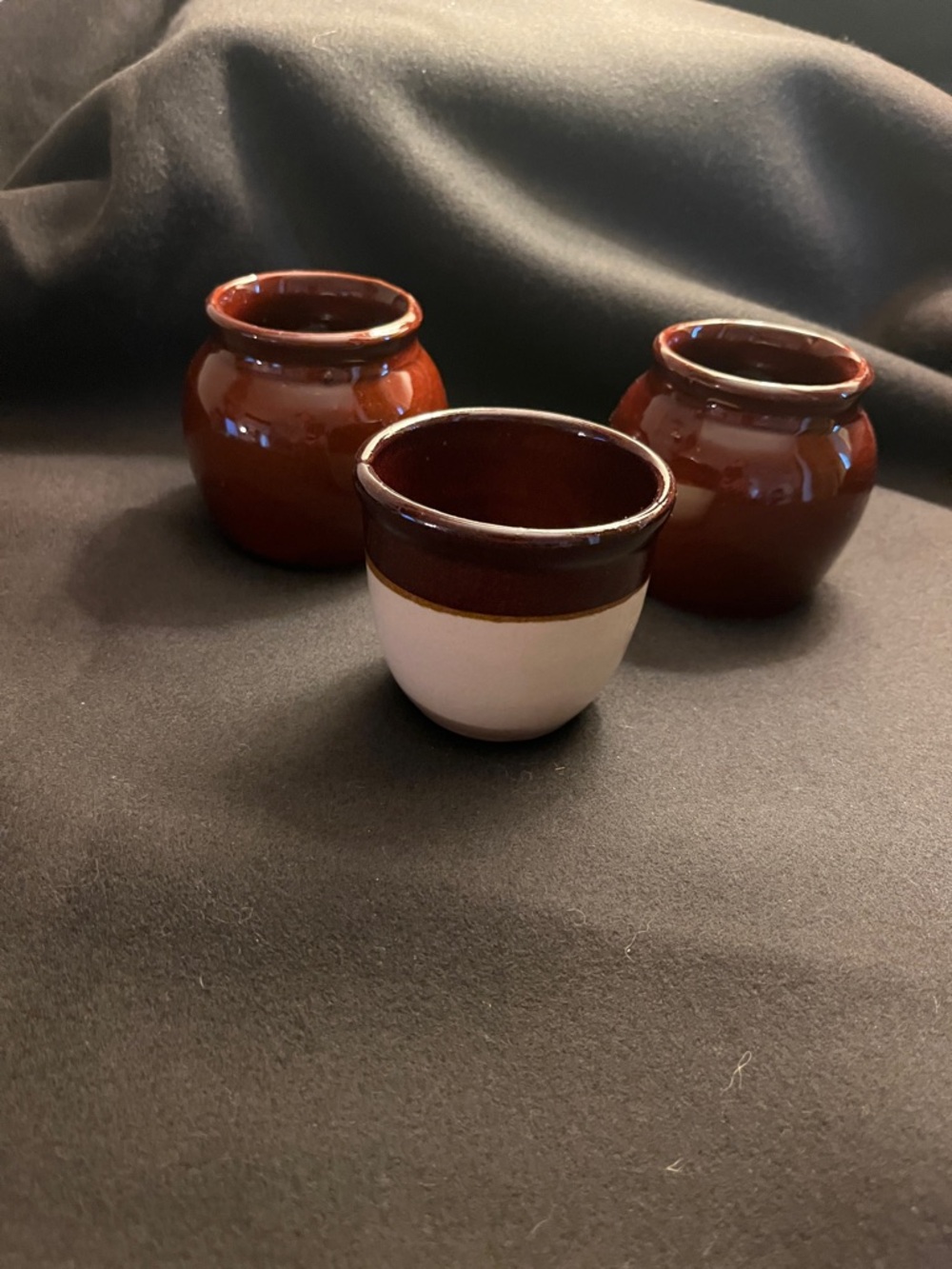 Vintage brown stoneware mini pots set of three